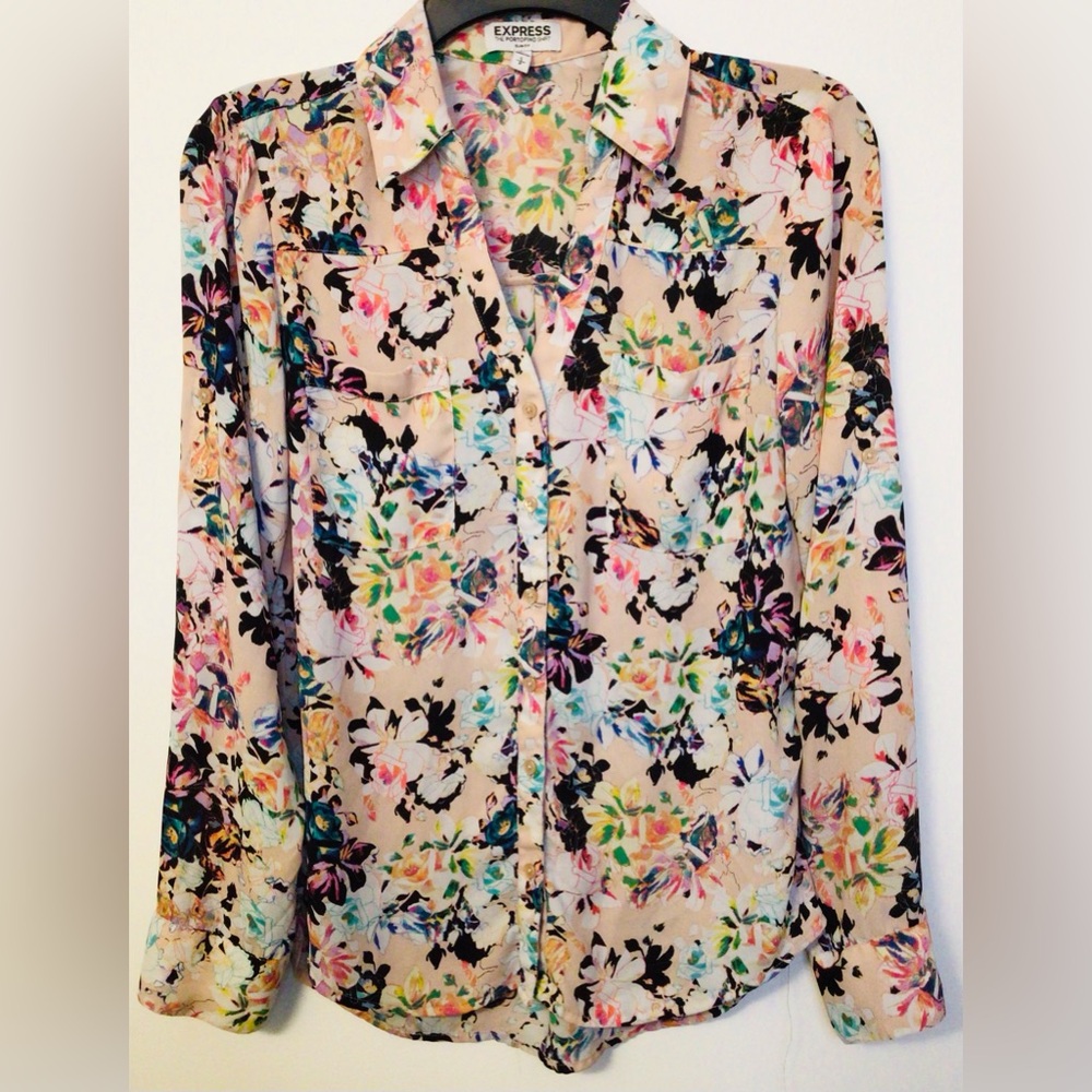 EXPRESS pink/multi floral portofino slim fit blouse